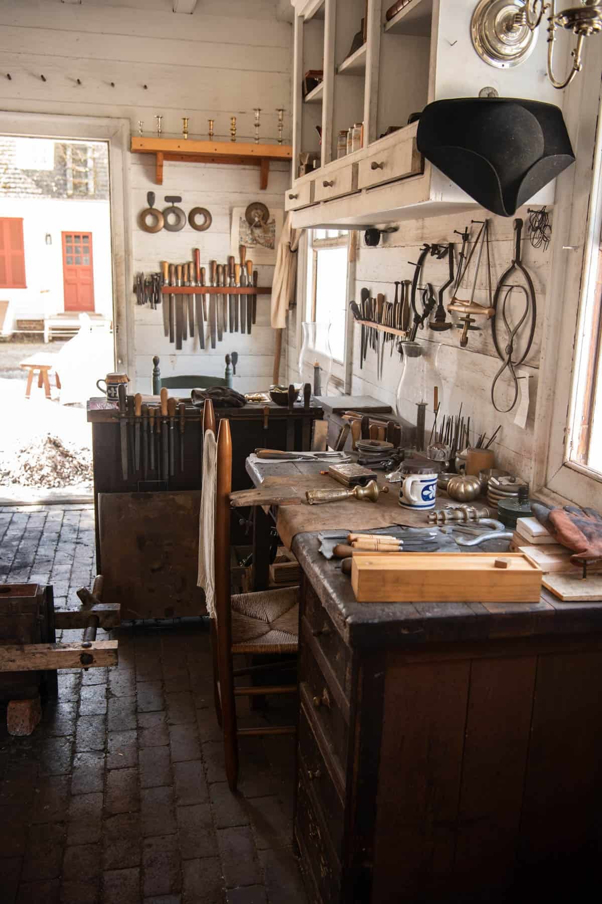 Tools in a blacksmith shop in Colonial Williamsburg.