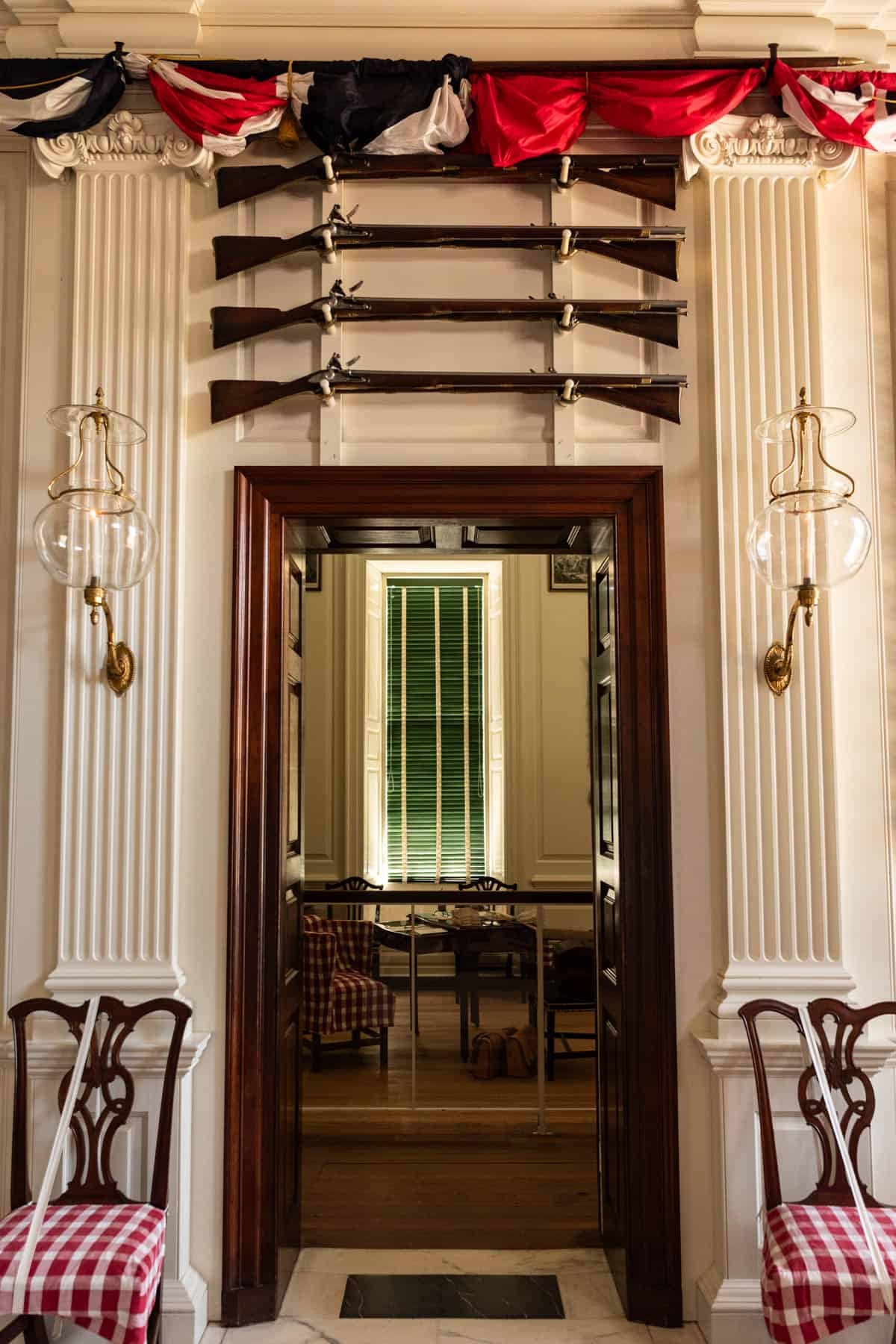 Images of the entryway in the Governor's Mansion in Colonial Williamsburg.