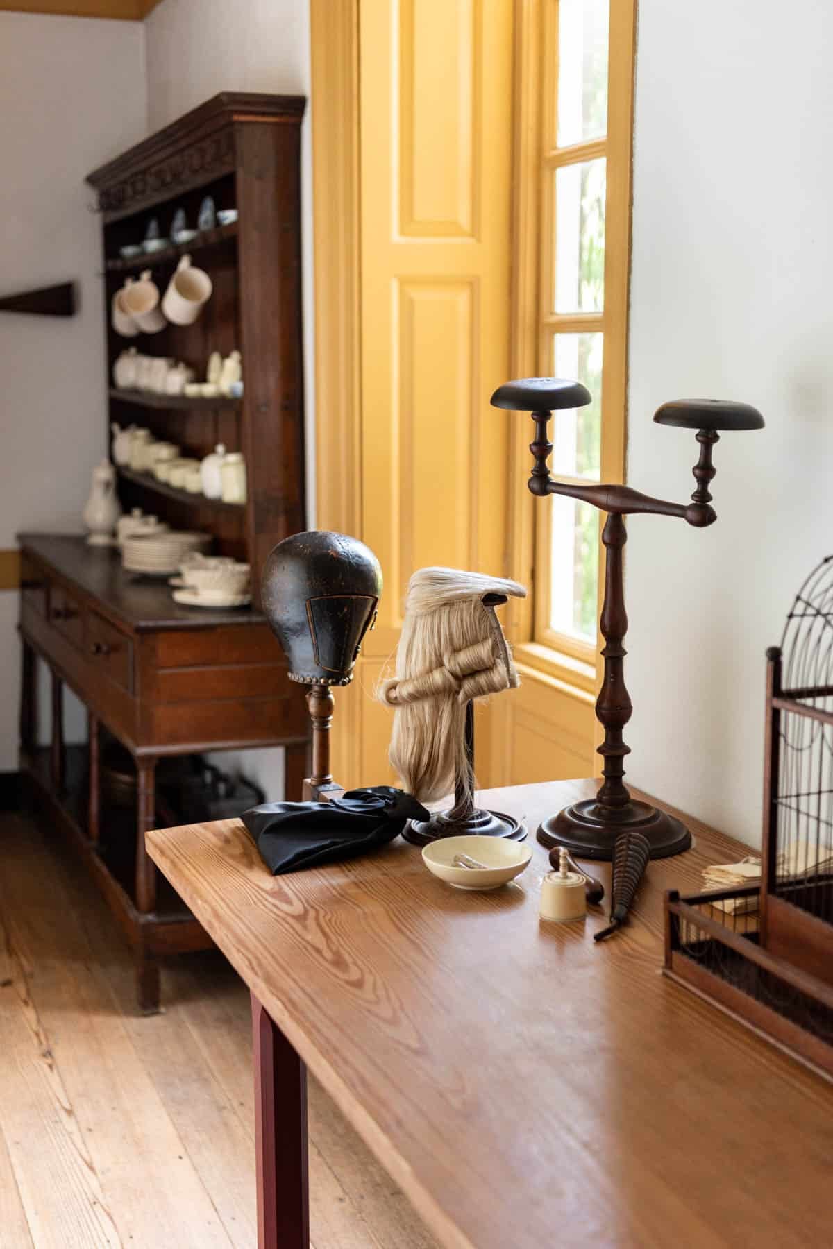 A wig in a pantry in the Governor's Mansion in Colonial Williamsburg.