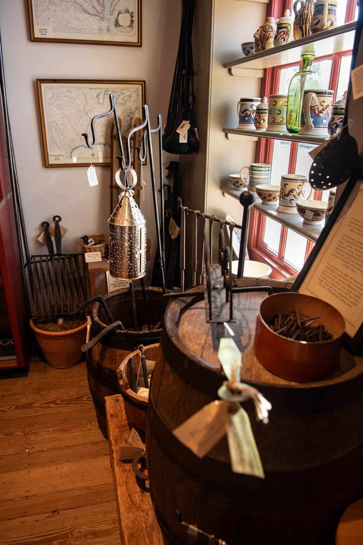Revolutionary War colonial-era goods for sale in a shop in Colonial Williamsburg.