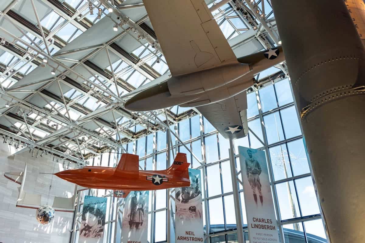 Airplanes hanging from the ceiling at the Air and Space Museum in Washington D.C.