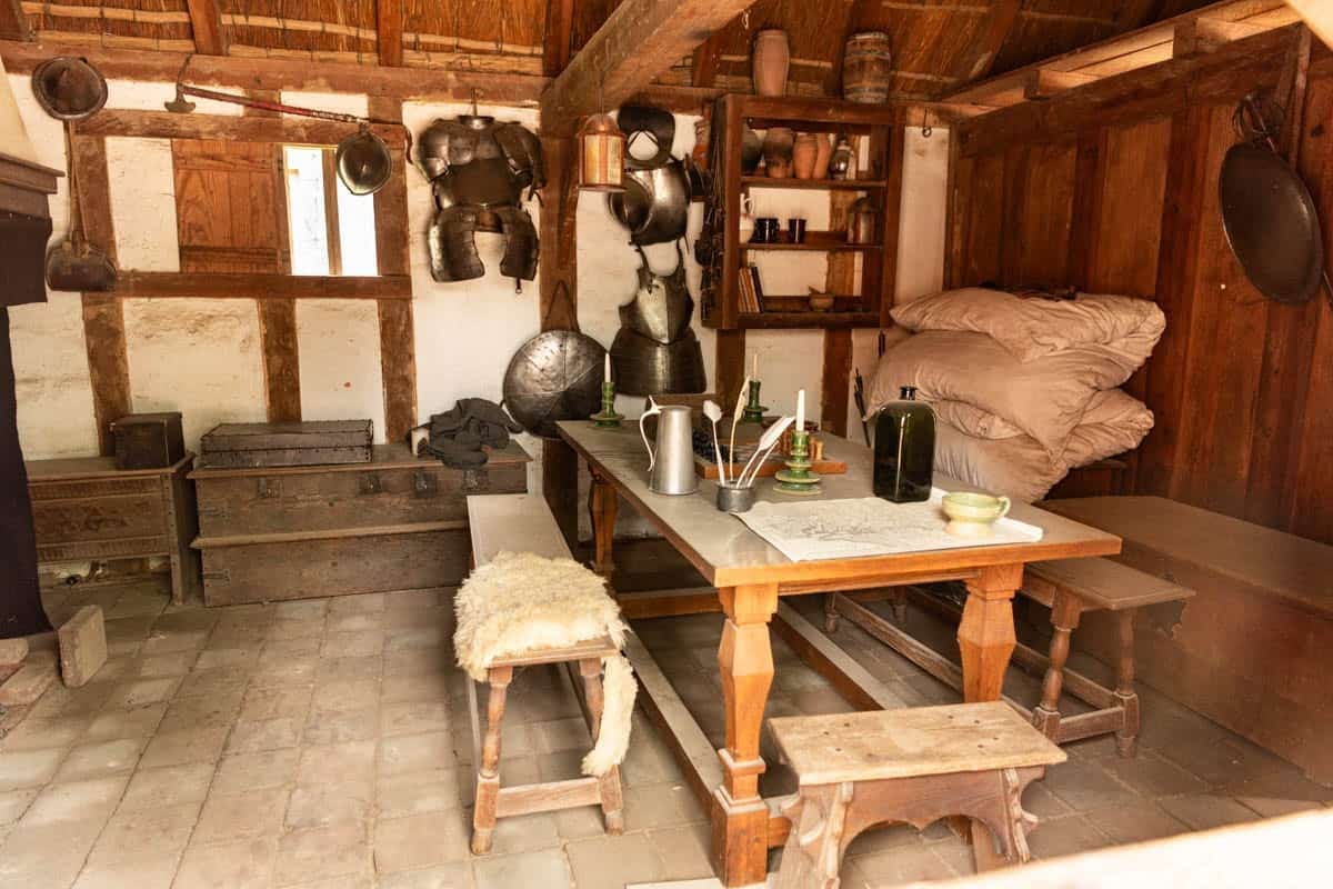 An image of the inside of a structure at the Jamestown Settlement museum in Virginia.