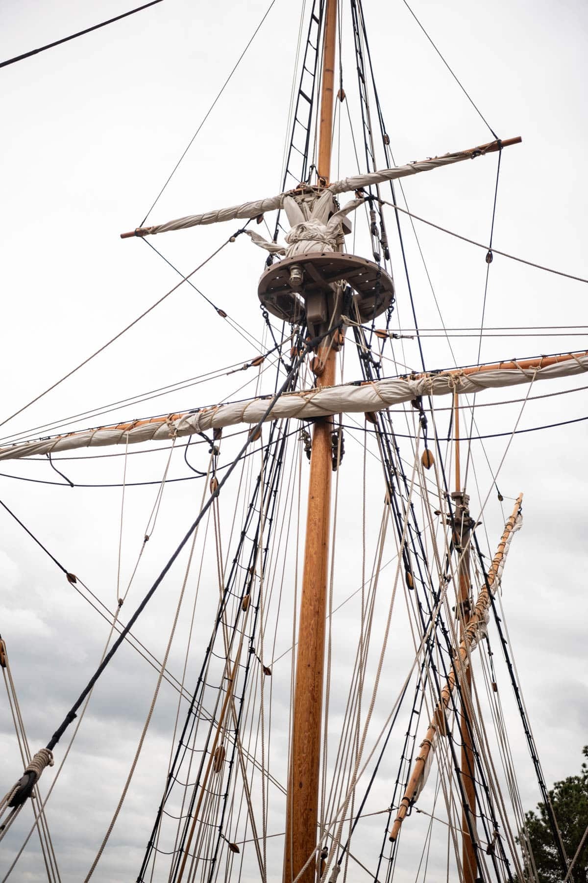 A close up image of the rigging of a ship in Jamestown, Virginia.