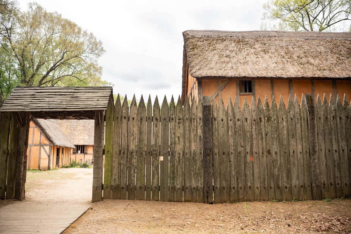 An image of the replica fort wall at the Jamestown Settlement Museum.