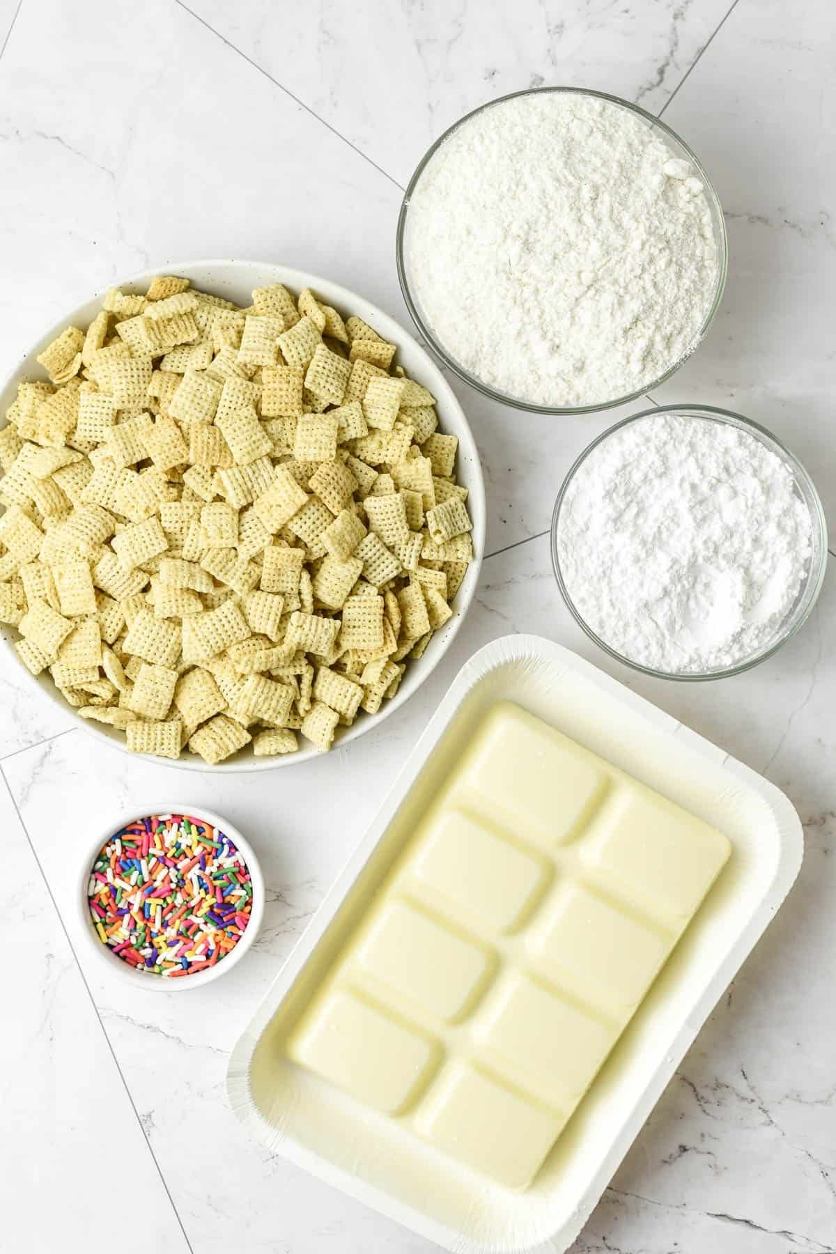 Ingredients for cake batter puppy chow.