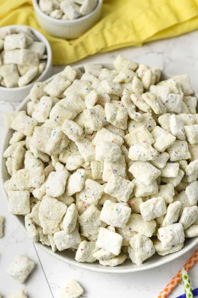 A close image of cake batter puppy chow.