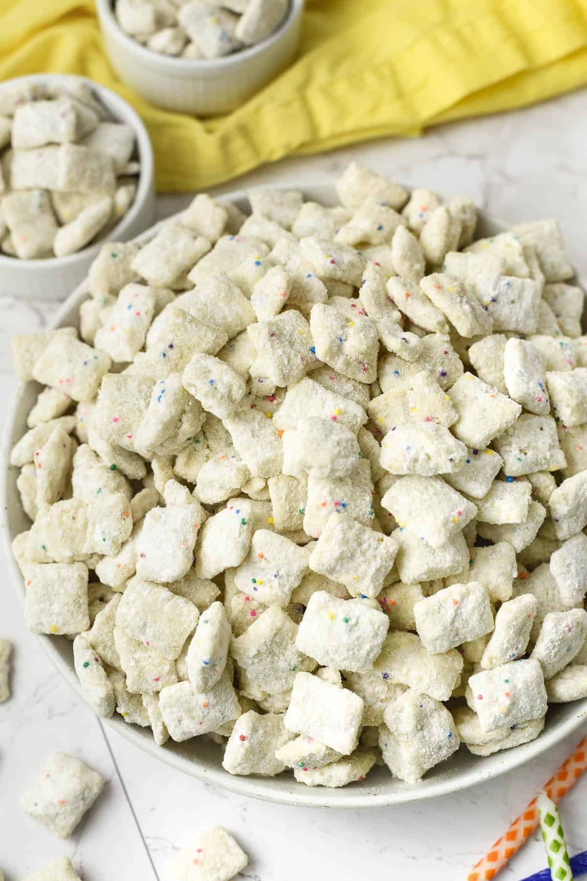 A close image of cake batter puppy chow.