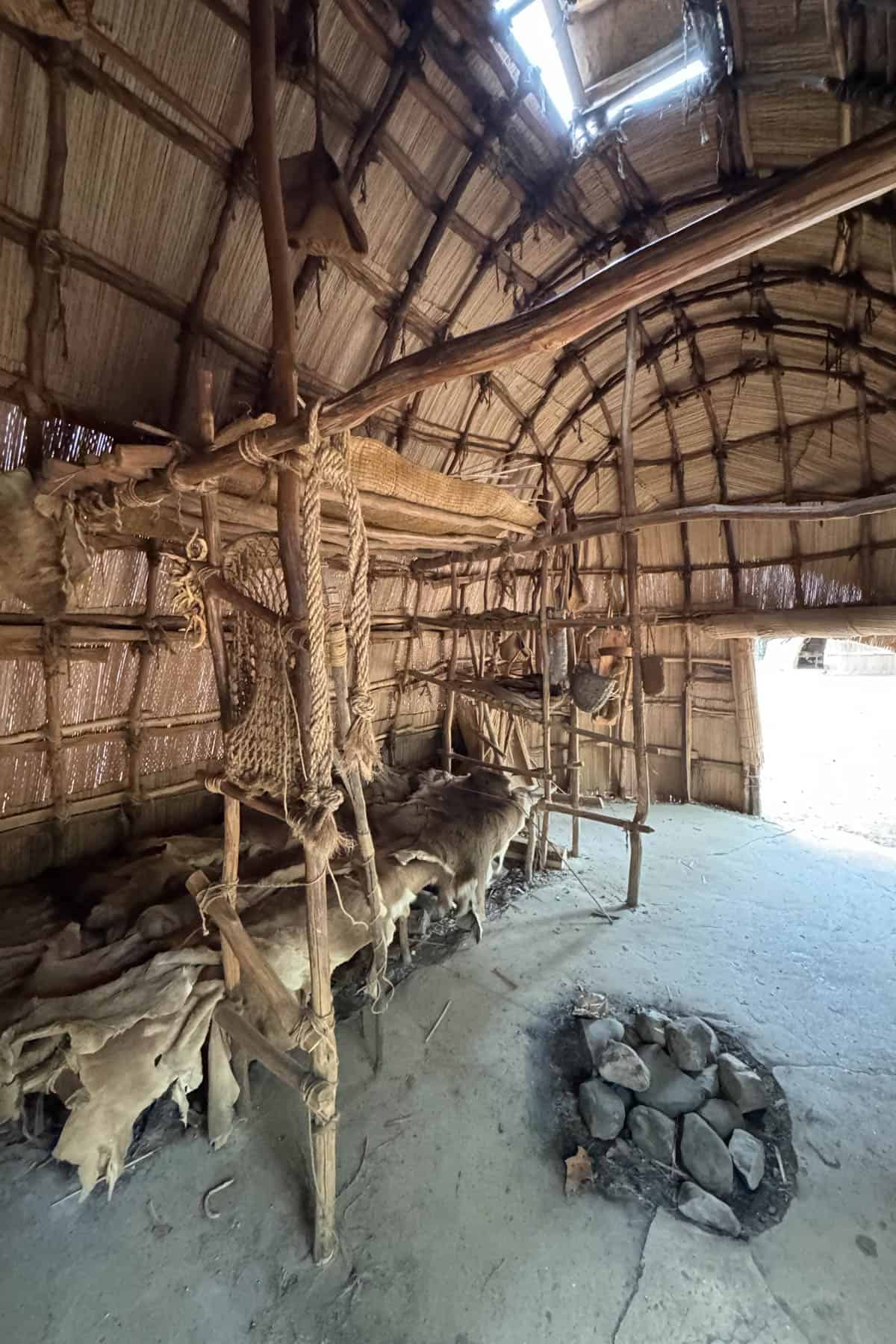 The inside of a native American structure from Jamestown Settlement.