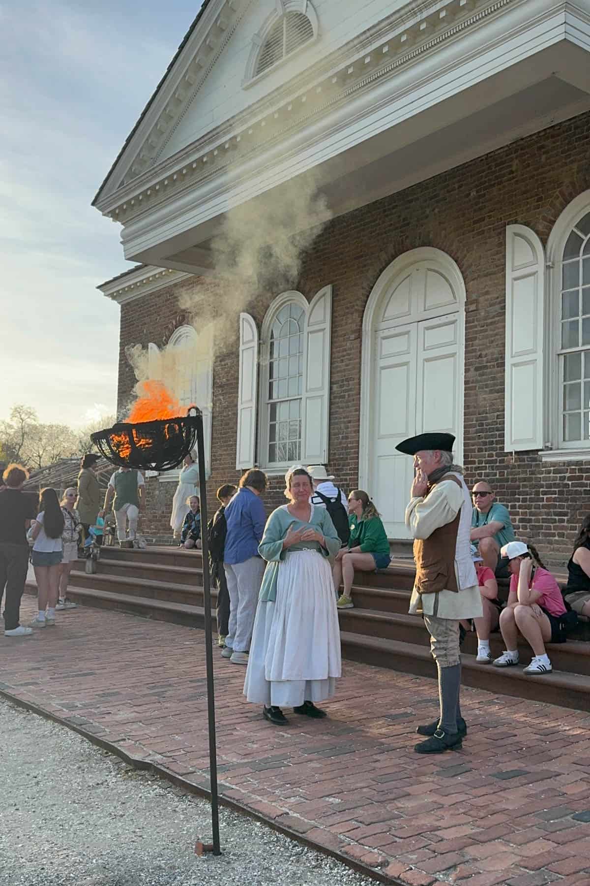 Fires being lit on Duke of Gloucestershire Street in Colonial Williamsburg.