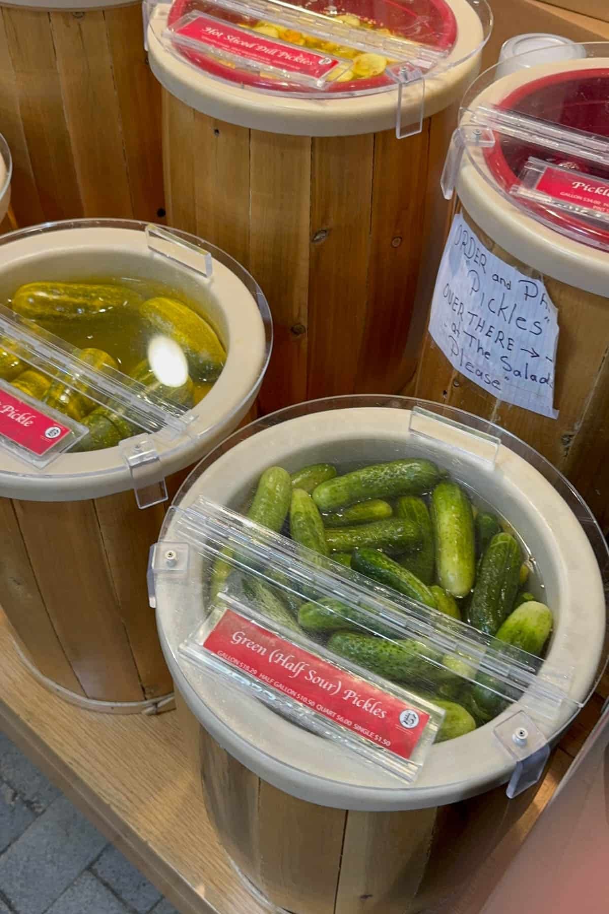 An image of barrels of pickles at Reading Terminal Market in Philadelphia.