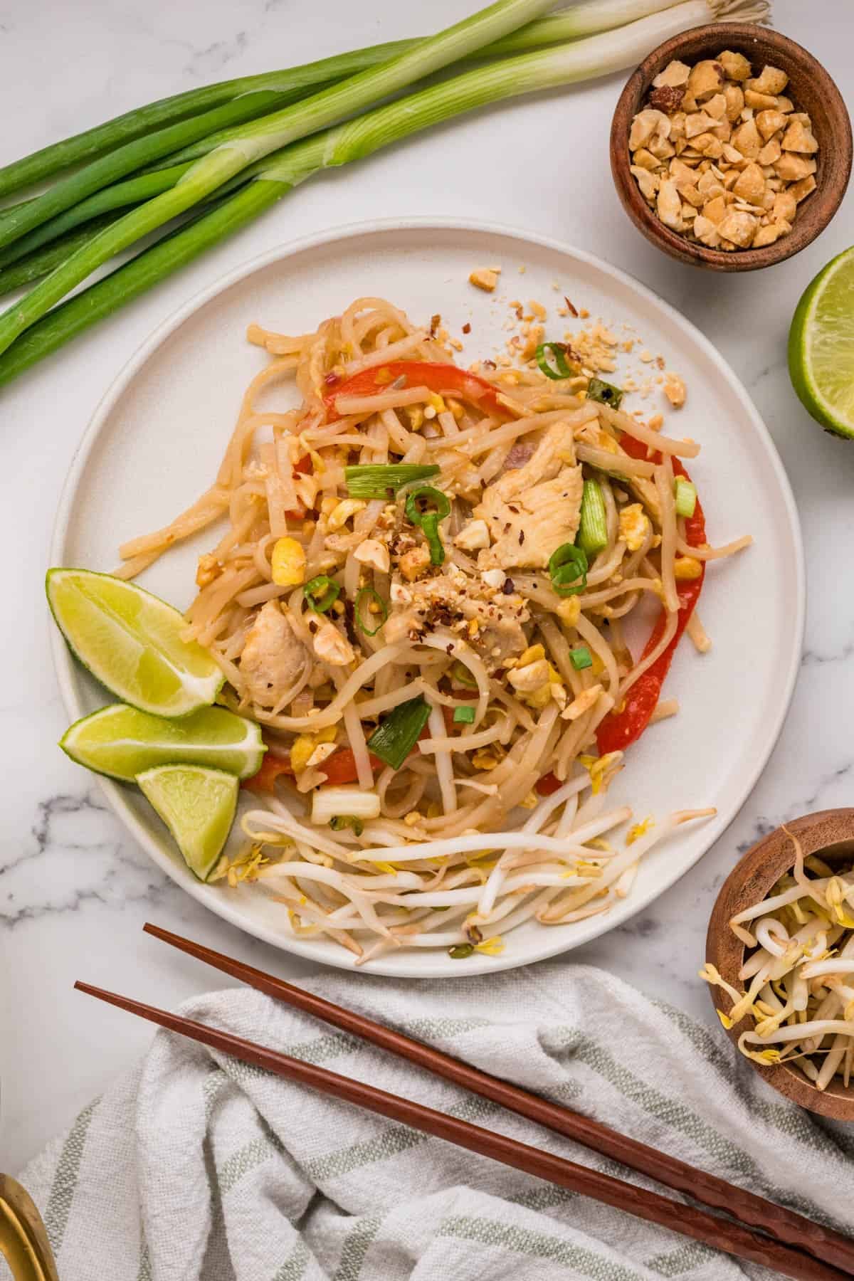 An overhead image of a plate of pad thai.