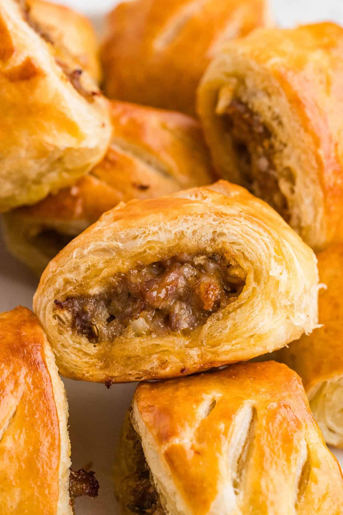A close up image of sausage rolls.