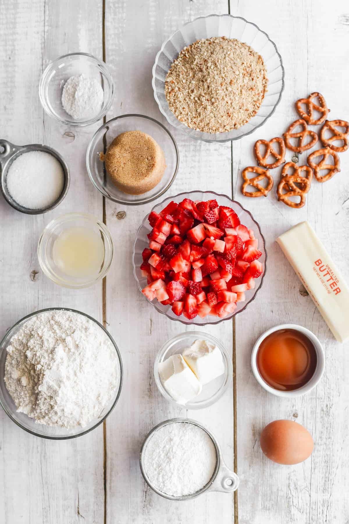Ingredients for strawberry pretzel cookies.