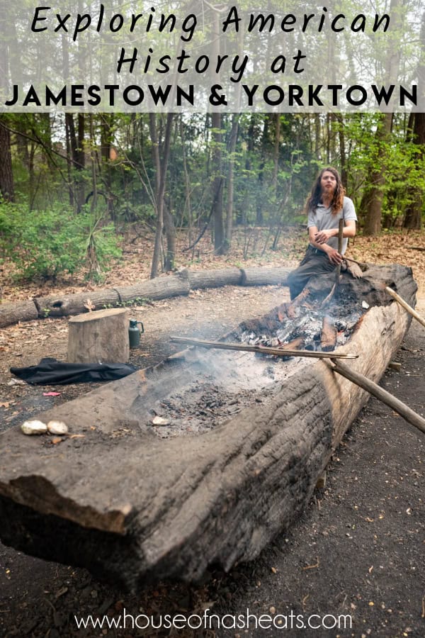 A canoe being hollowed out of a log by burning it with text overlay.
