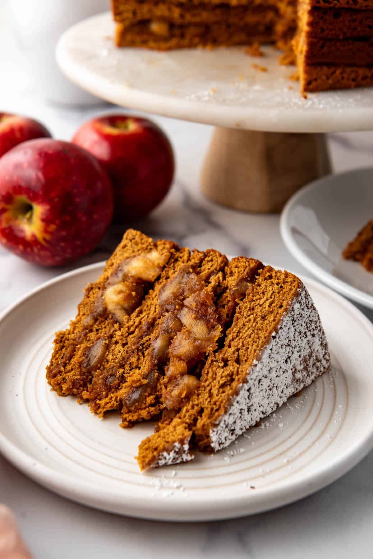 A close up image of an apple stack cake on a plate with red apples behind it.