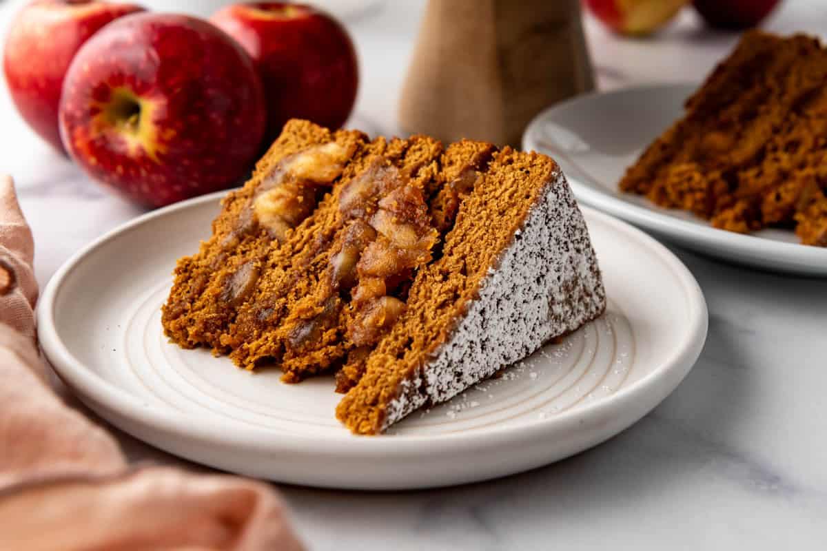 A slice of Appalachian apple stack cake on a white plate. 