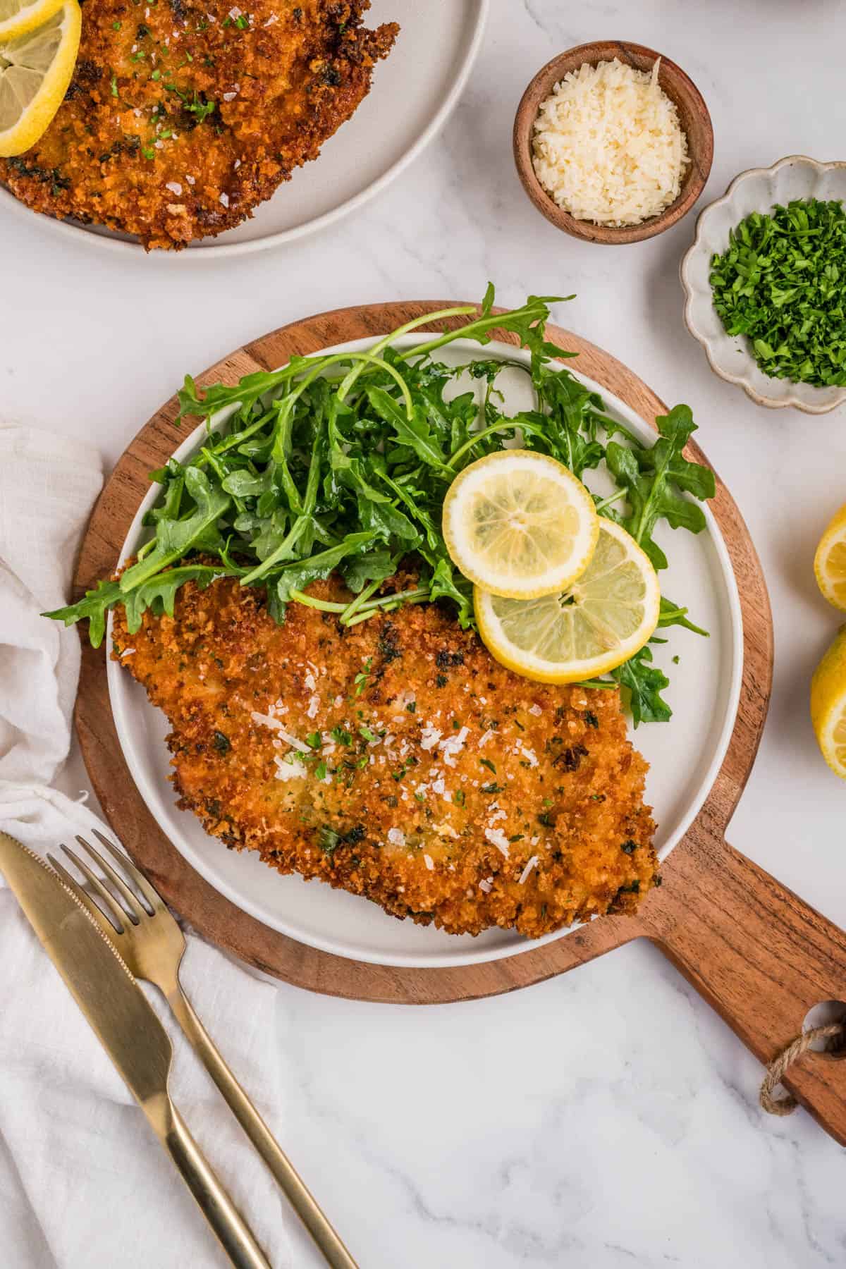 A plated dish of chicken milanese.