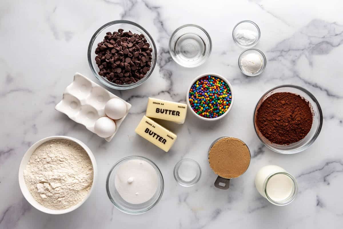 Ingredients for making coypcat crumble cosmic brownie cookies.