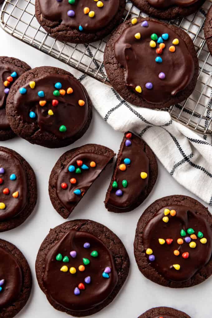 An overhead image of copycat Crumbl cosmic brownie cookies.