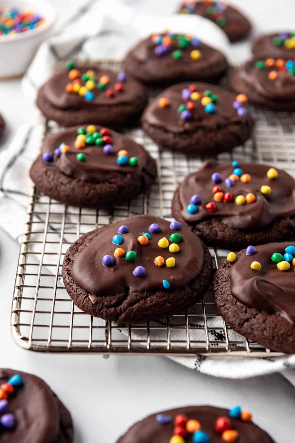 Copycat cosmic brownie cookies on a wire cooling rack.