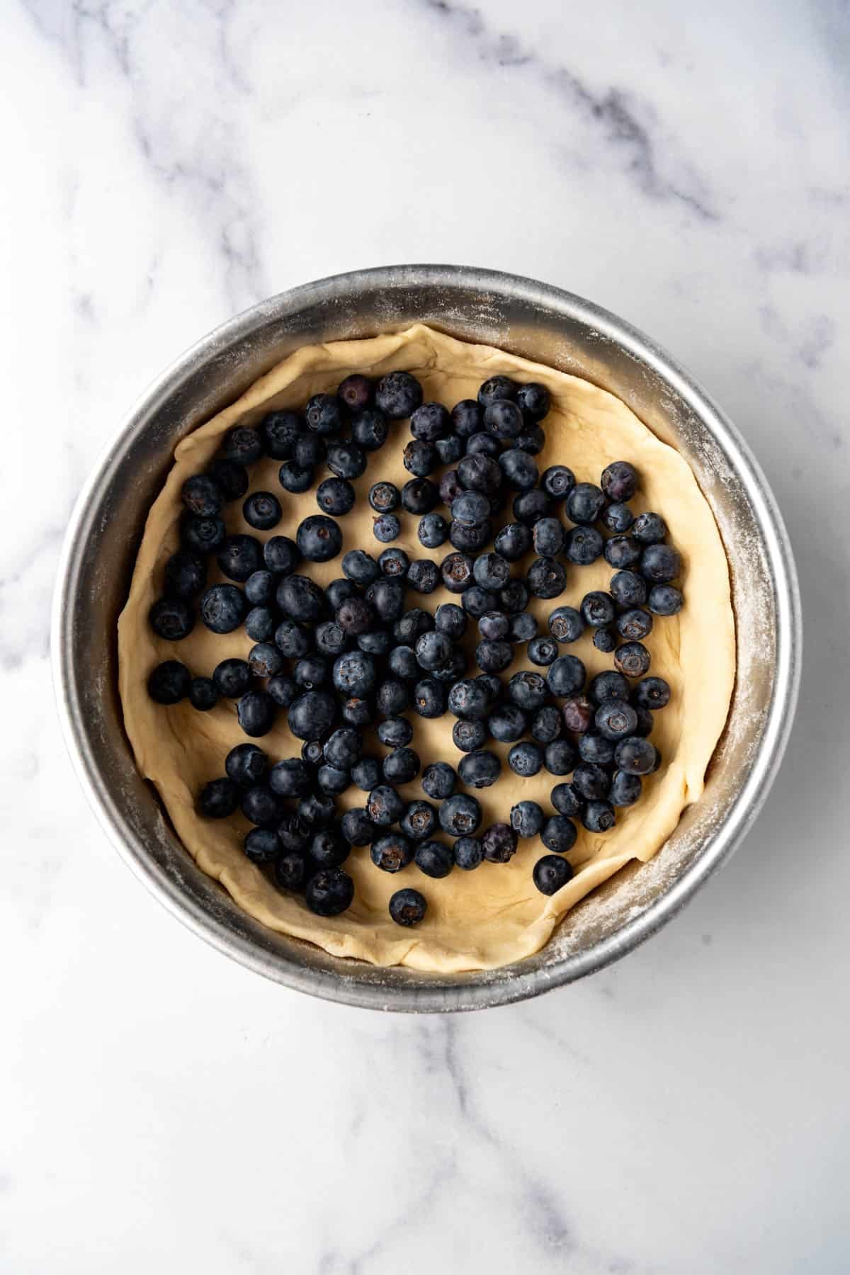 An overhead image of blueberries in a yeast dough crust in a pan.