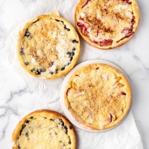 An overhead image of baked north dakota kuchen in different flavors.