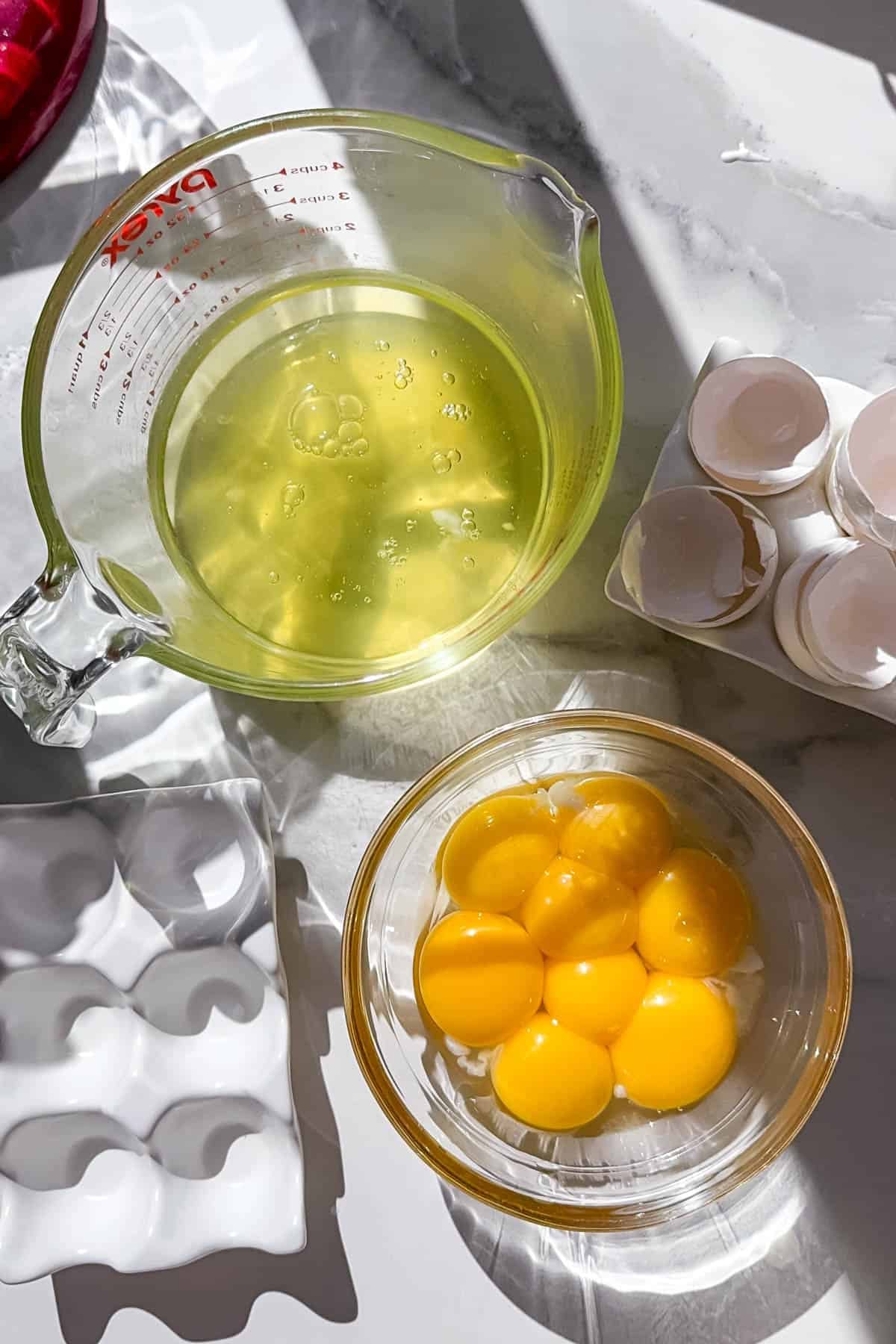 An image of egg yolks separated from egg whites.