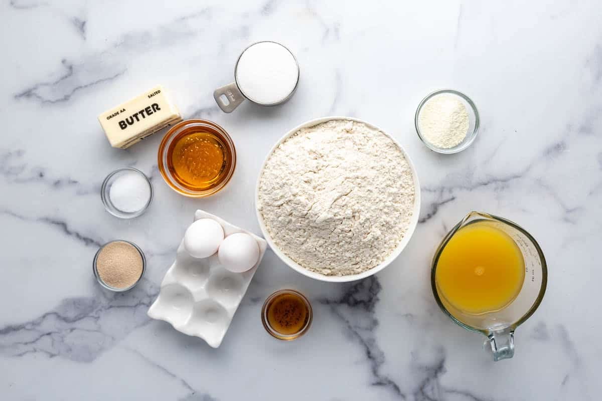 Ingredients for making homemade Hawaiian rolls.