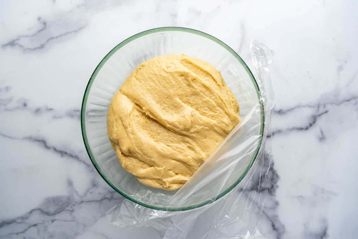 Yeast dough in a bowl before its first rise.