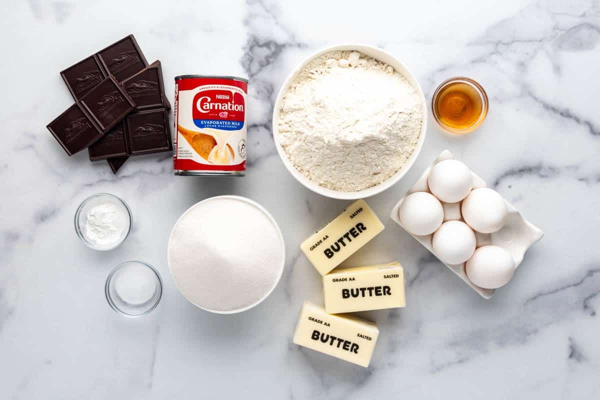 An overhead image of ingredients for making a Smith Island cake.