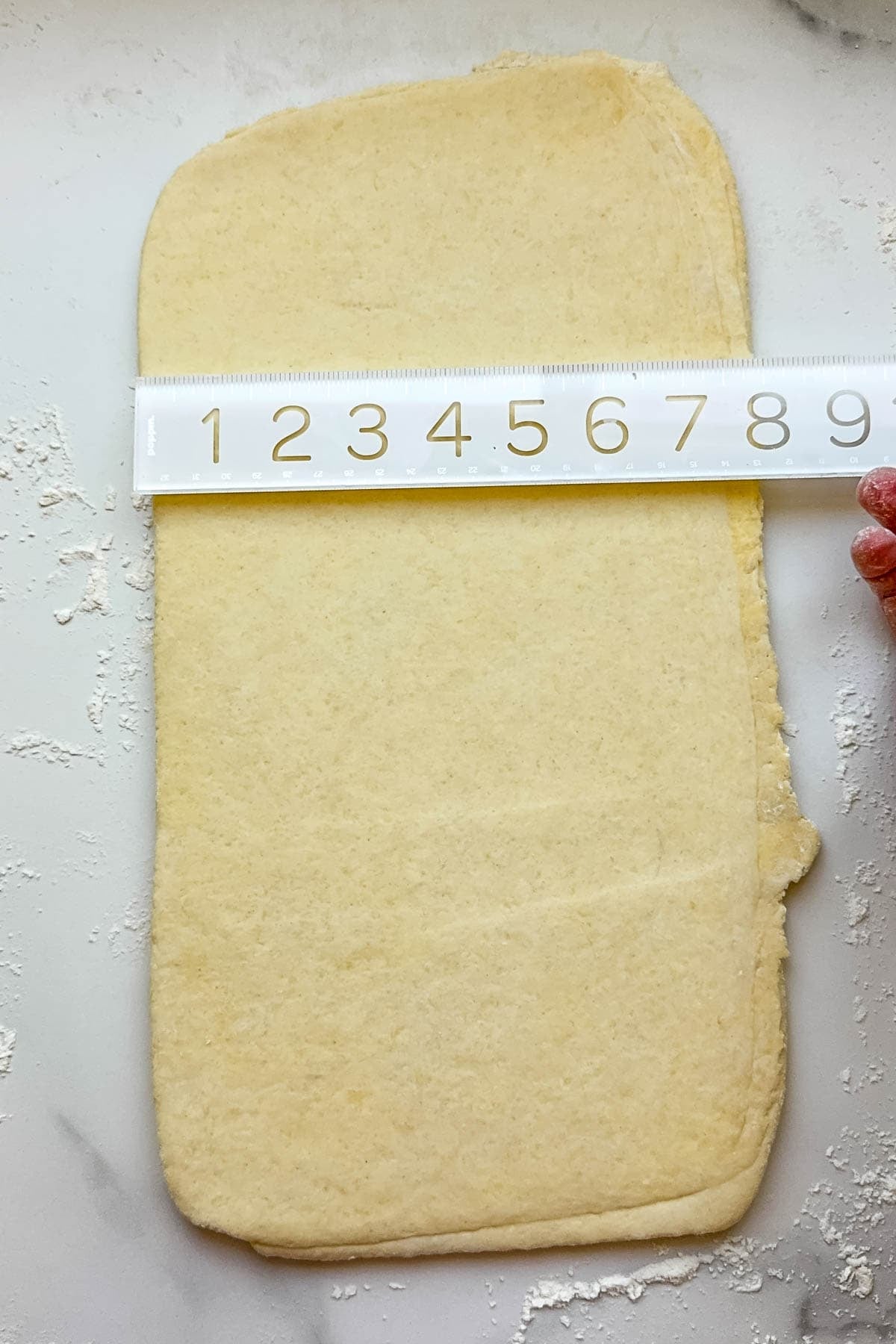 A ruler showing dough that has been rolled out to 8-inches wide.