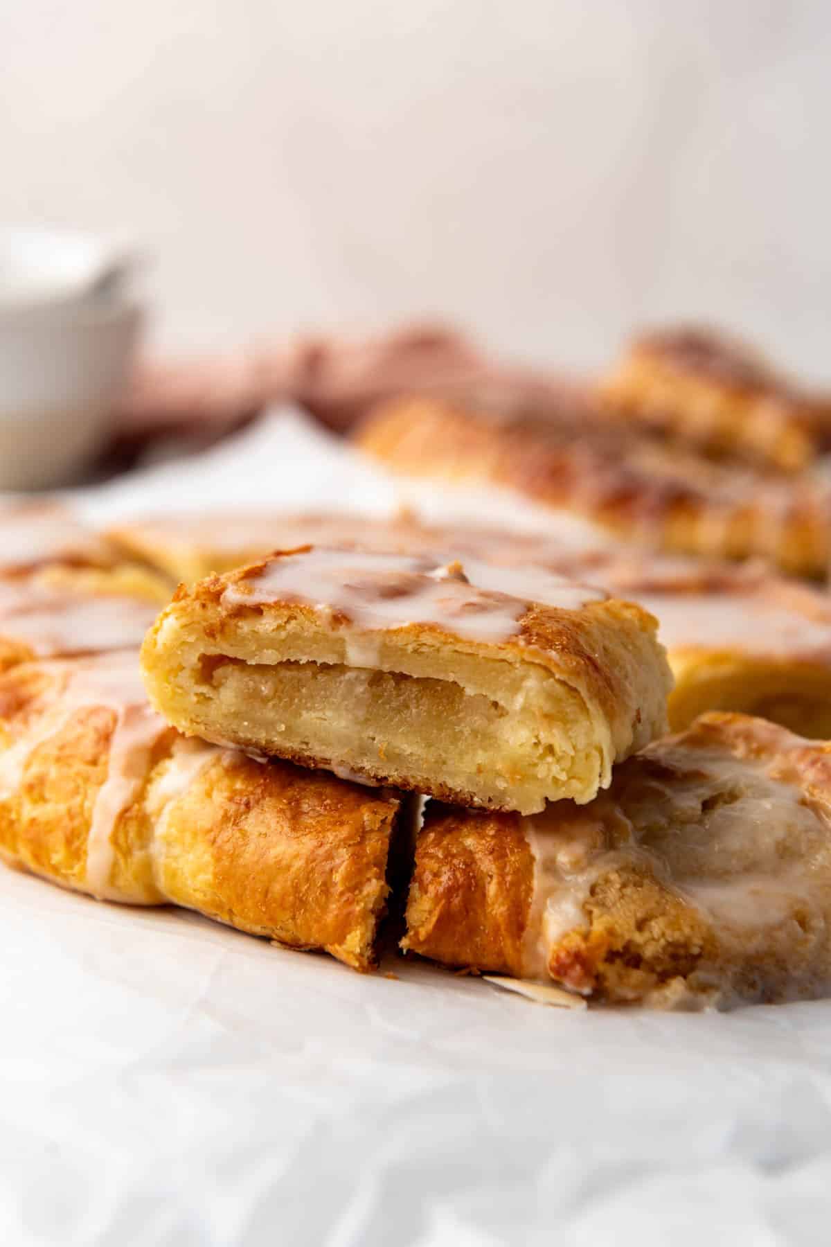 A side angle view of an almond kringle.