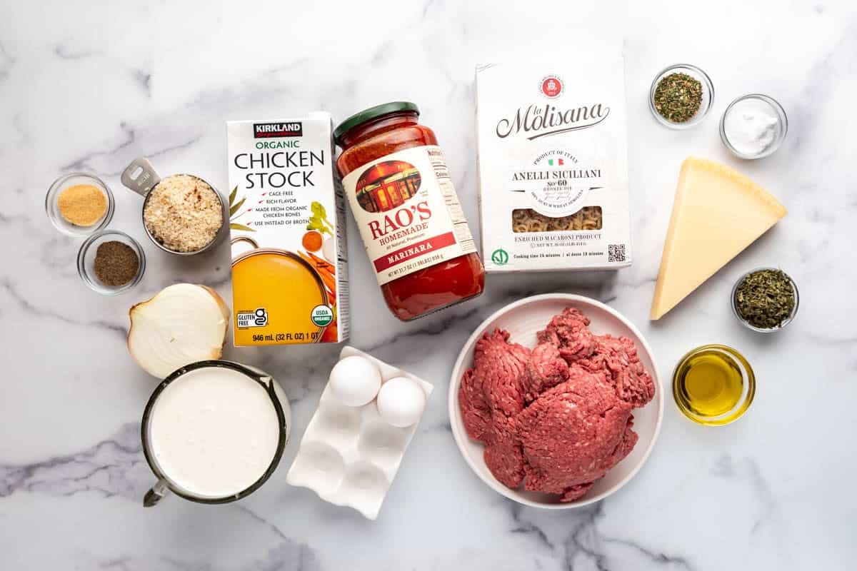 An image of ingredients for making homemade spaghettios with meatballs.