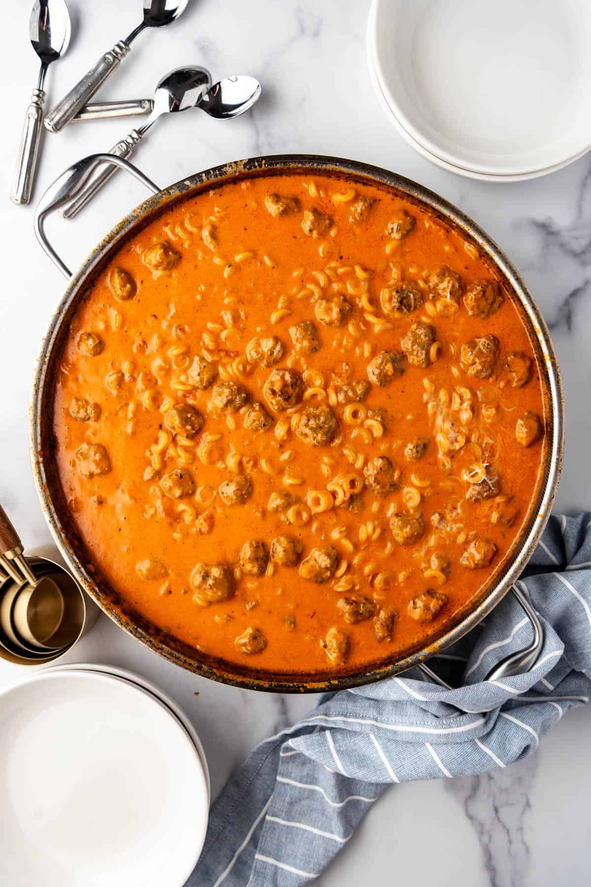 A large pan of homemade spaghettios.