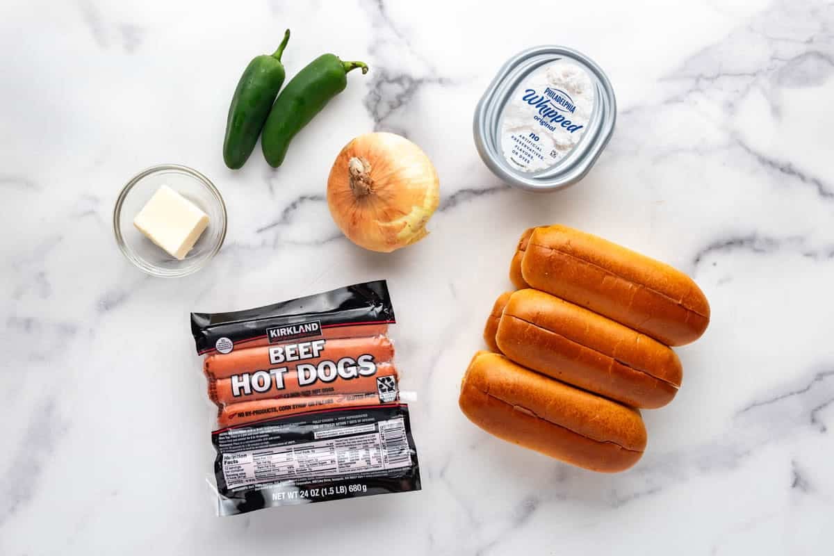 Ingredients for making Seattle-style hot dogs.