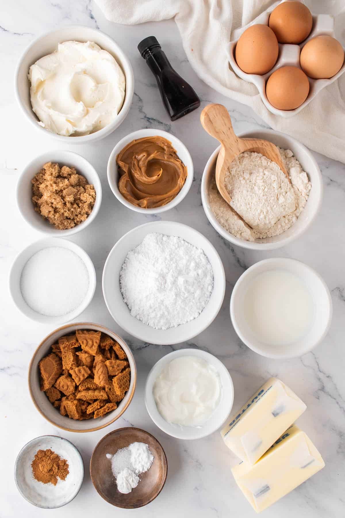 Ingredients for making a biscoff cookie butter bundt cake.