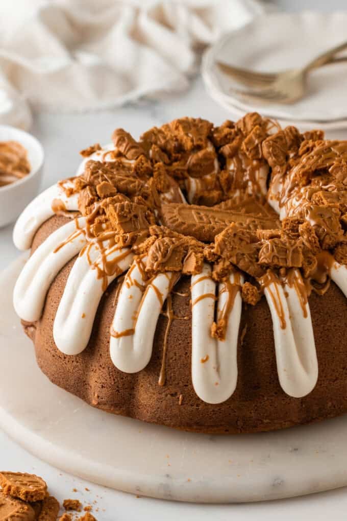 An image of a biscoff cookie butter bundt cake with piped frosting and cookie butter drizzled on top.