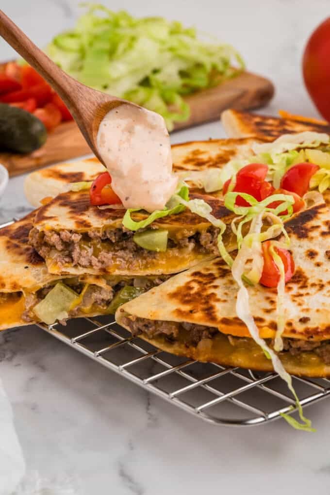 An image of cheeseburger quesadillas.