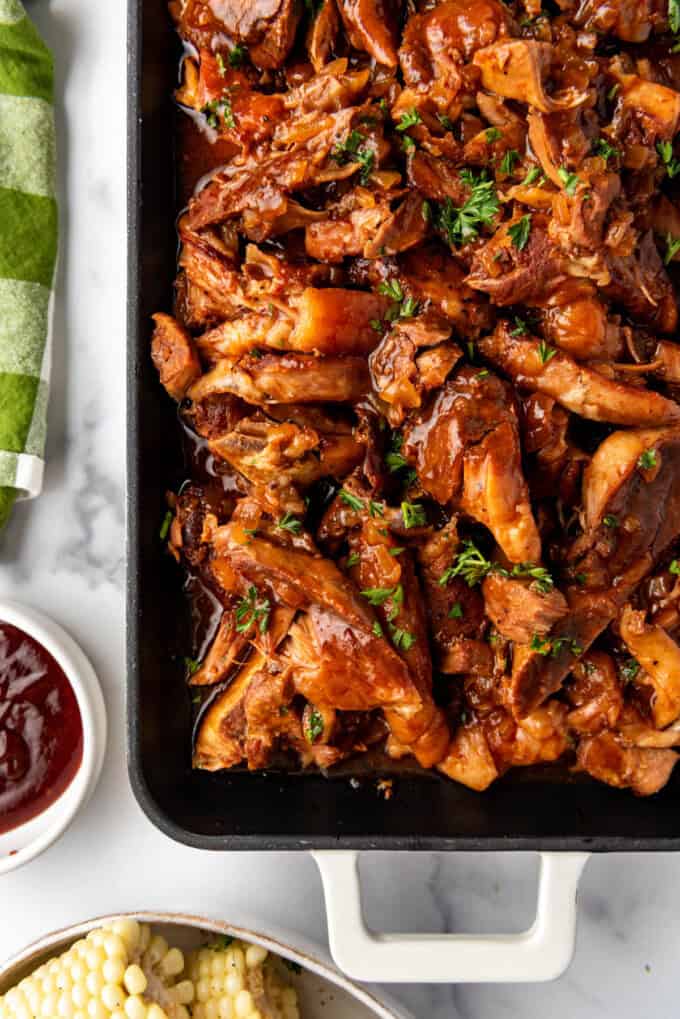 BBQ country style ribs on a cast iron serving platter.