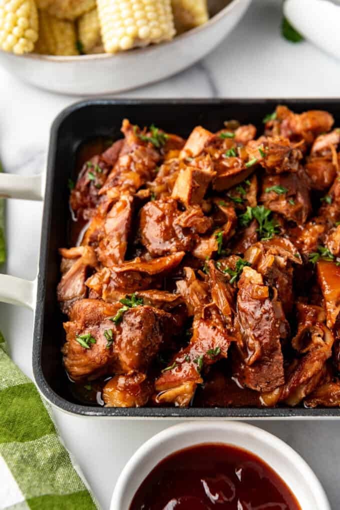 An overhead image of a platter of slow cooker bbq country style ribs.
