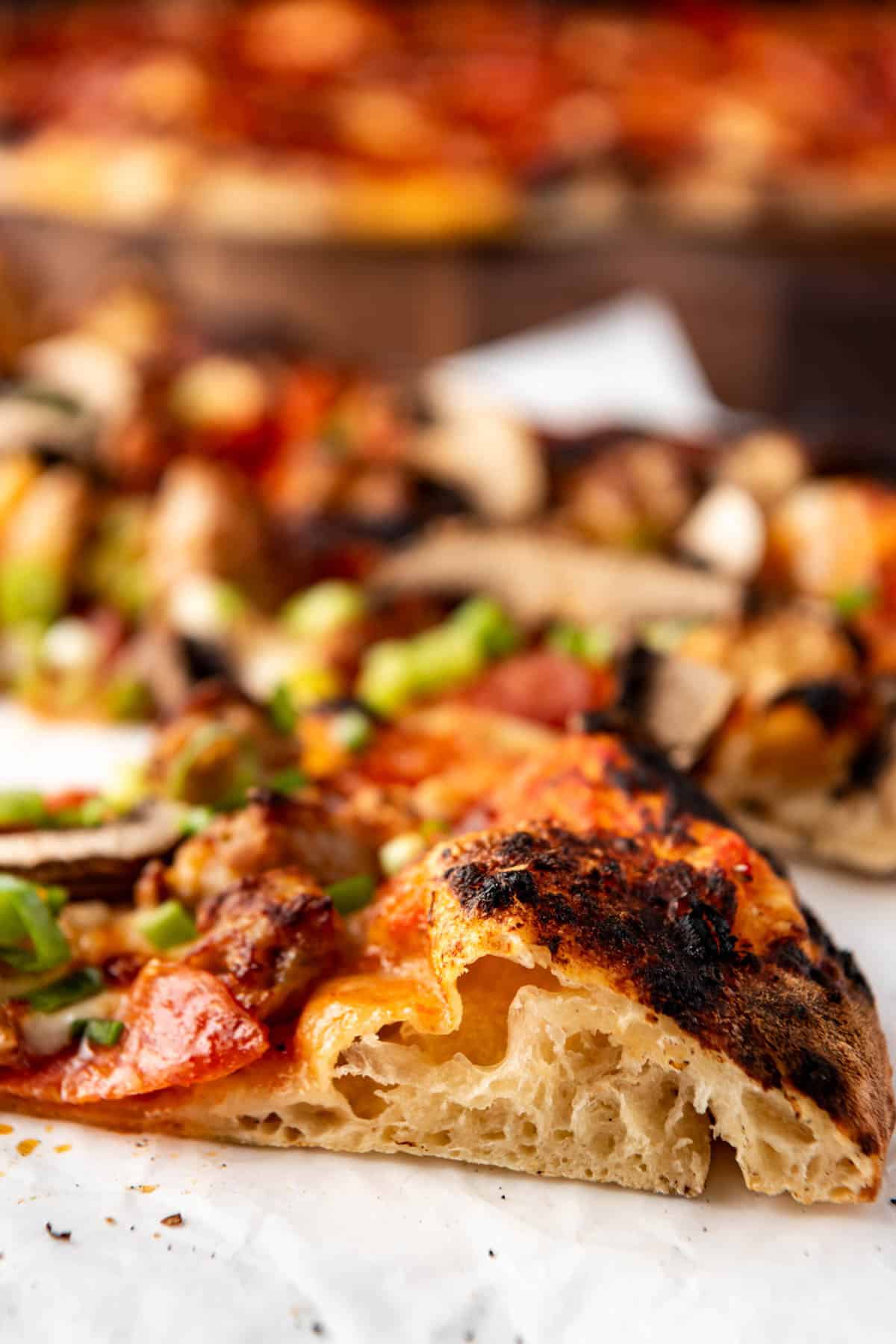 A side view of a slice of sourdough pizza with a thin crust.