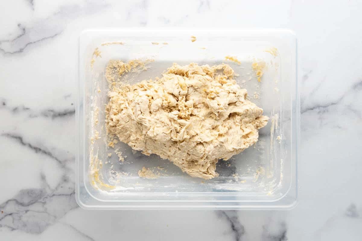 Shaggy sourdough pizza crust dough in a plastic container before the autolyze and coil folds.