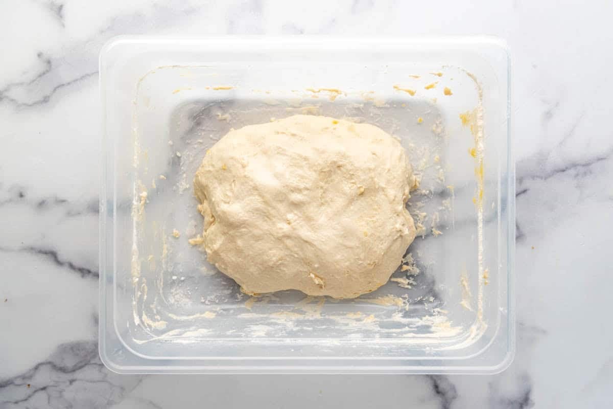 Sourdough pizza dough in a container after a few coil folds smoothing it out and building strength in the gluten.