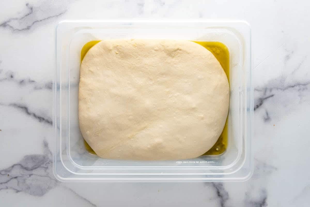 Risen sourdough pizza dough in a plastic container.