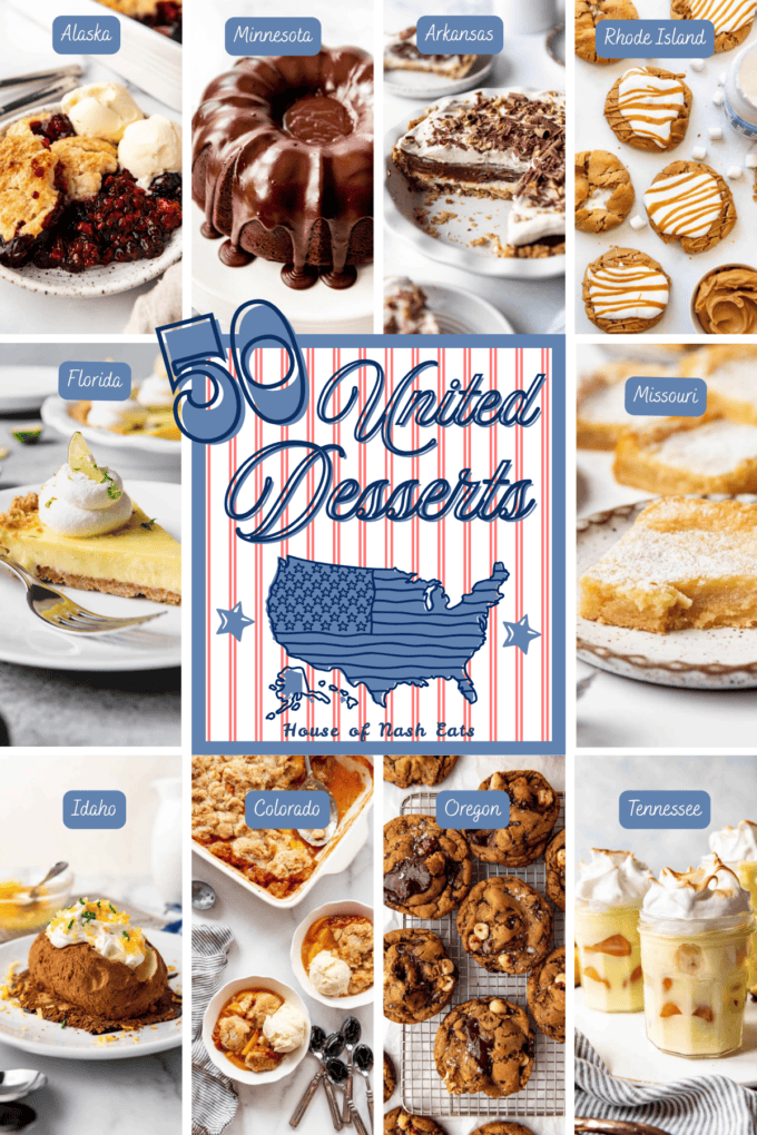A collage of dessert images with a patriotic theme and text overlay.